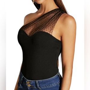 Trendy blouse, black stretch material with sheer side over 1 shoulder-New